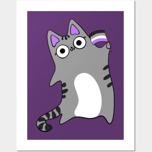 Asexual Pride Flag Waving Grey Tabby Cat Queer LGBTQIA asexuality Posters and Art